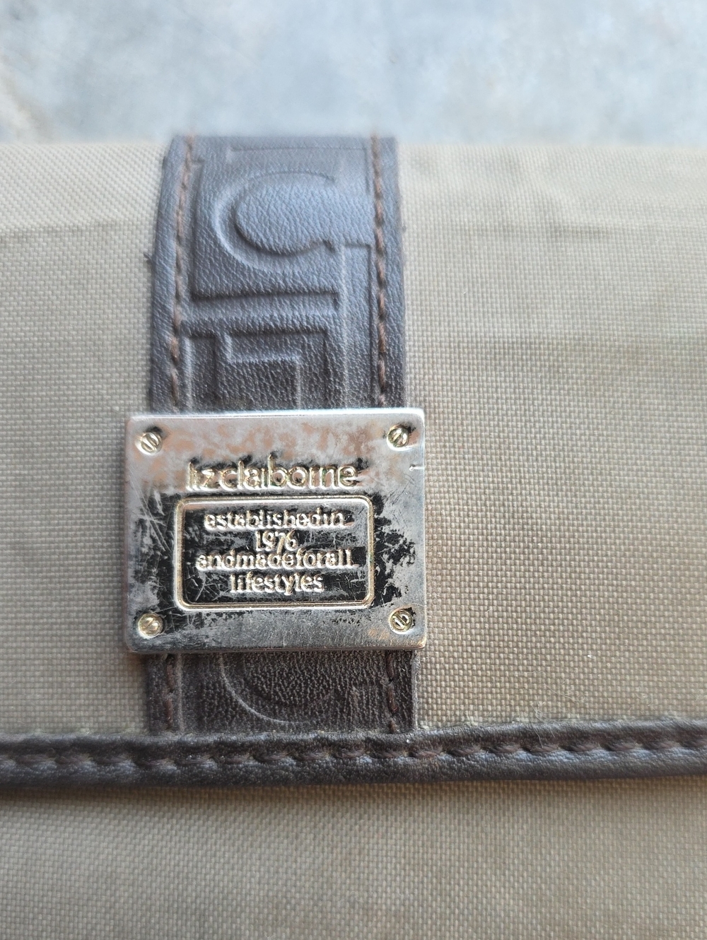 Liz Claiborne Tan and Brown Canvas Messenger with Metal Logo Plaque